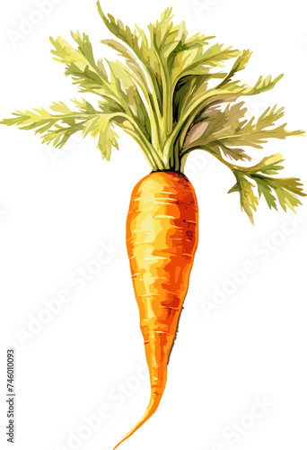 Watercolor vegetable carrot with green leaf closeup isolated on a white background. Hand painting on paper. AI generated illustration.