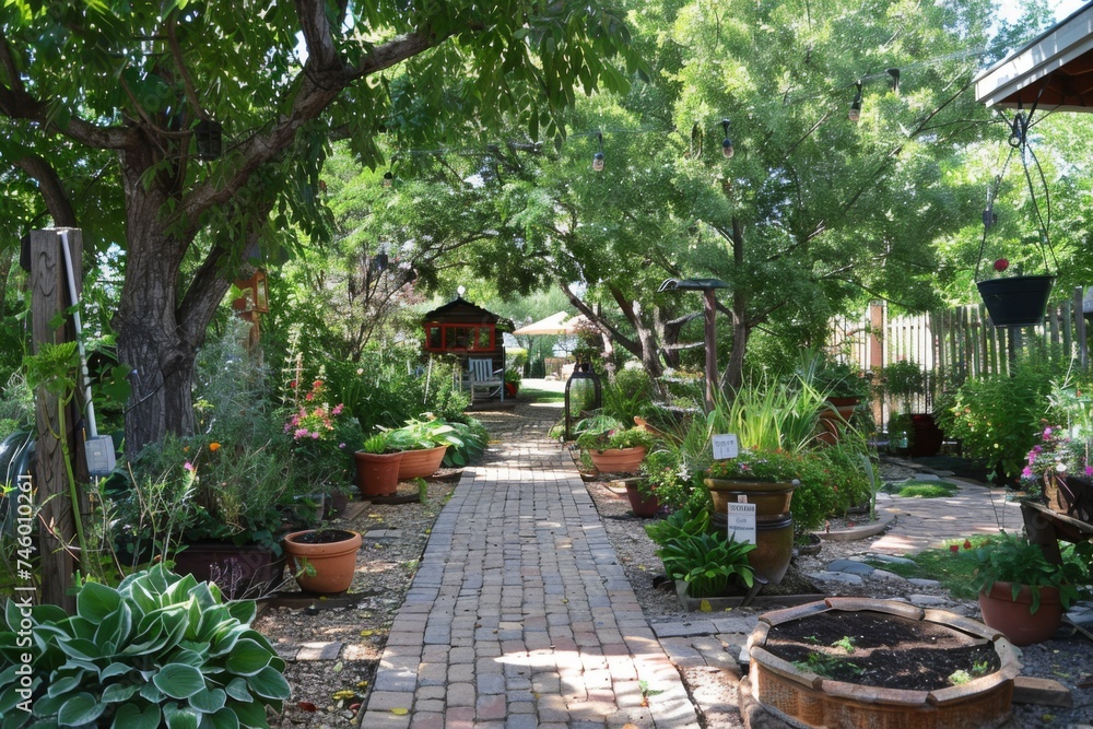 Tranquil garden pathway with green foliage - A serene walkway lined with lush plants, potted greenery, and rustic clay pots immerses the viewer in a peaceful garden setting