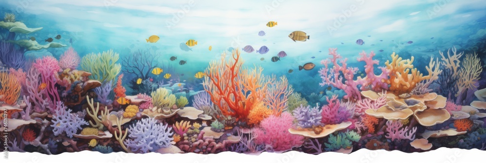 Vibrant Coral Reef Scene Underwater Panorama - Panoramic digital painting presenting a vibrant coral reef bustling with marine life, depicts ocean diversity