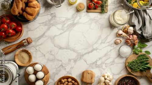 Top view of various fresh ingredients on marble - An array of fresh ingredients neatly arranged on a marble surface, ideal for food preparation and cooking
