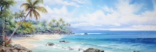 Tropical beach with palm trees watercolor painting - Beautiful watercolor painting portraying a serene tropical beach surrounded by palm trees and a clear blue sky