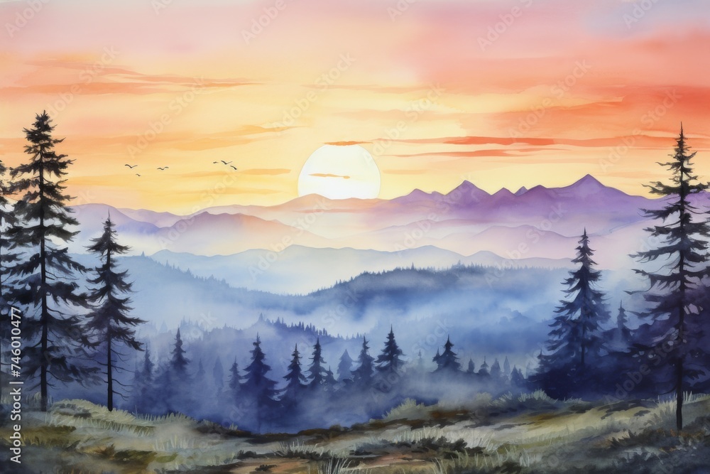 Watercolor mountain landscape at sunset - A serene watercolor painting of a mountain landscape during sunset, with hues of pinks and oranges creating a calm scene