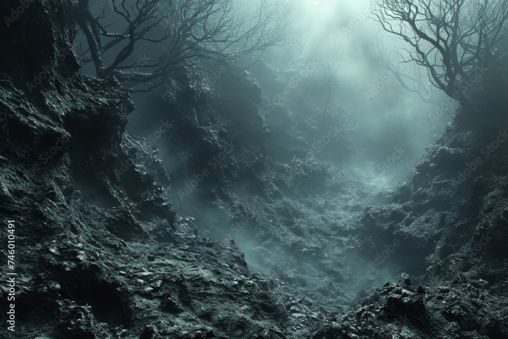 A misty forest shrouded in darkness, where eerie shadows lurk amidst enchanting, spooky trees. A misty forest shrouded in darkness, where eerie shadows lurk amidst enchanting, spooky trees.