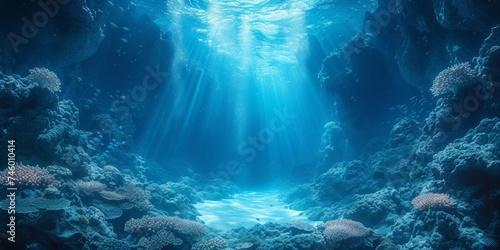In the deep blue sea, sunlight pierces through, illuminating the vibrant underwater world of marine life. photo