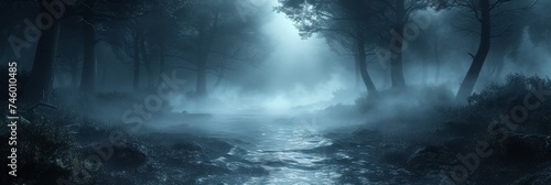 In the mysterious, fog-shrouded forest, darkness mingles with ethereal mist, weaving enchanting shadows.