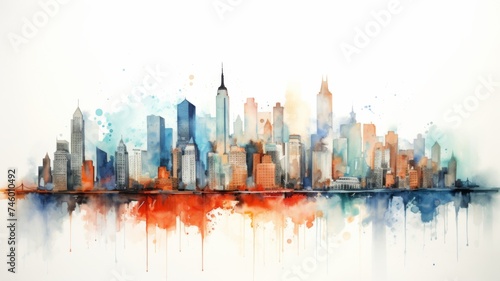 Watercolor skyline reflection painting of NYC - A vivid watercolor painting of the New York City skyline with a reflection  representing urban beauty and architecture