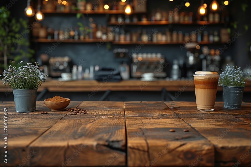 A rustic wine bar counter, with blurred bokeh lights, creates an inviting ambiance in the space. A rustic wine bar counter, with blurred bokeh lights, creates an inviting ambiance in the space.