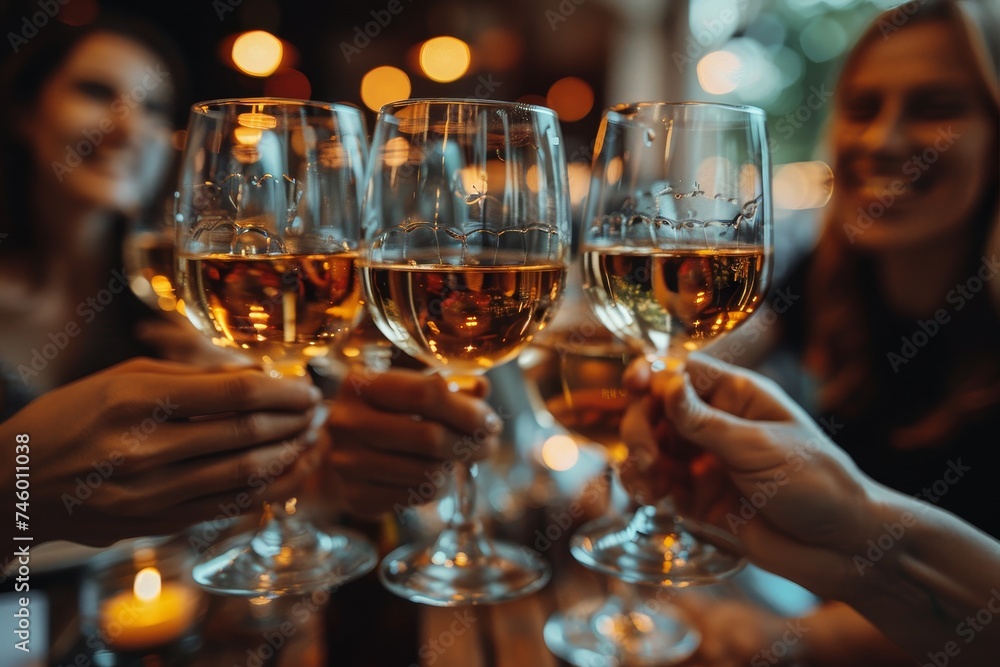 Friends raising glasses of wine in a toast during a celebration with a warm, festive background Friends raising glasses of wine in a toast during a celebration with a warm, festive background