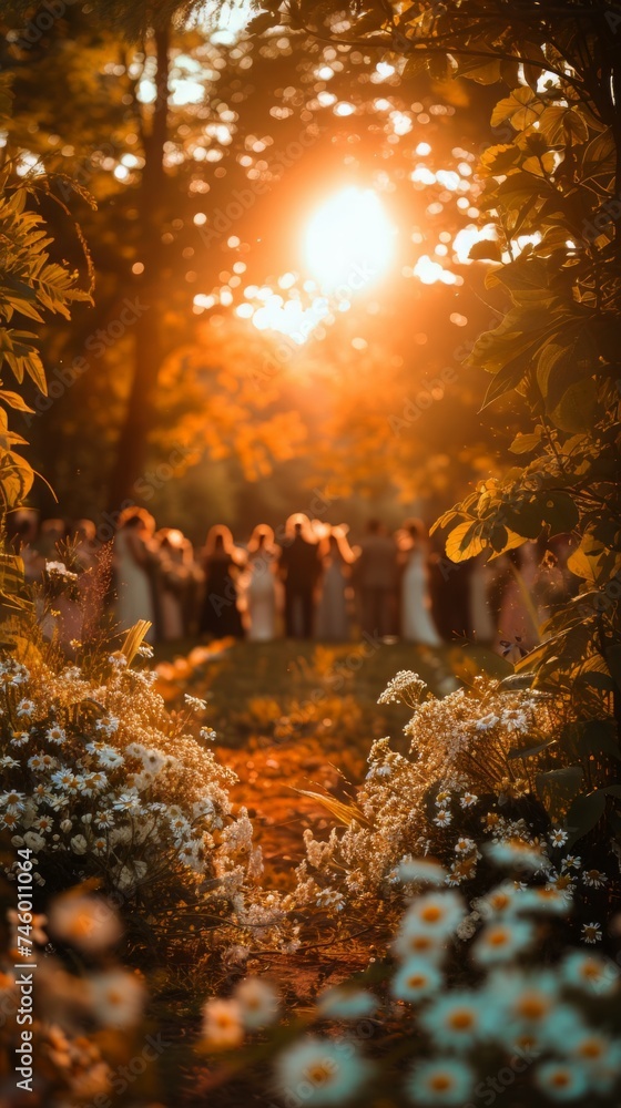 Group of People Standing in a Forest at Sunset