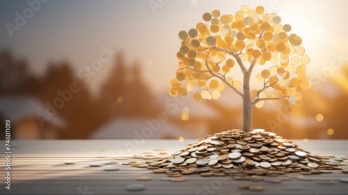 A tree made of coins, standing on top of a pile of money. Financial growth, retirement, savings theme