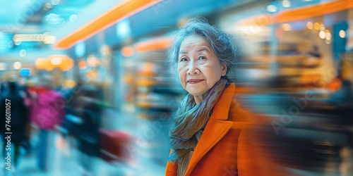 A senior Asian American woman exudes timeless elegance and confidence as she strikes a dynamic pose against the blurred backdrop of a modern, motion-blurred shopping mall filled with bustling shoppers