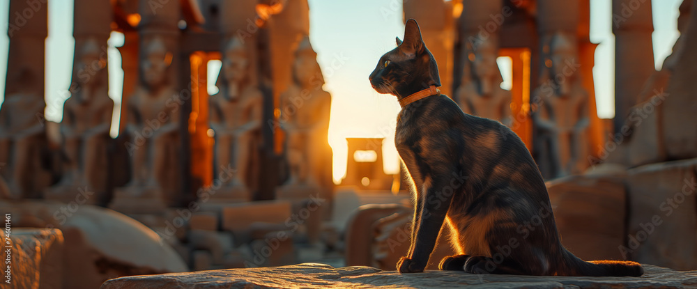 Elegant Cat sitting ancient Egyptian temple ruins. - obrazy, fototapety, plakaty 