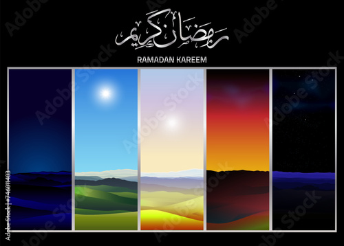 Rare Ramadan month wallpaper. Islamic Ramadhan graphic with the scene of five prayer times. The arabic letter said Ramadan Kareem means month of generosity.