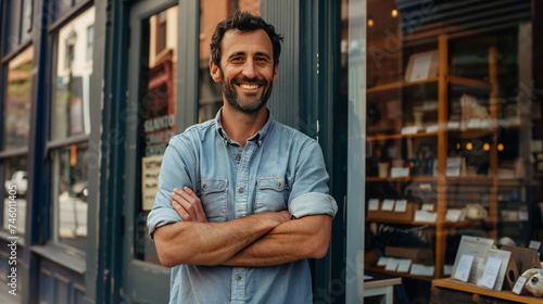 Confident Business Owner Standing Proudly in Front of LLC Storefront, Exuding Professionalism and Success for Small Business Incorporation and Legal Protection