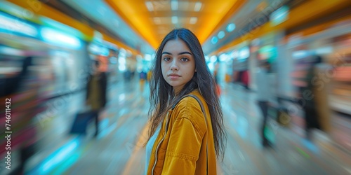 A young Indian woman exudes vibrant energy and confidence as she strikes a dynamic pose against the blurred backdrop of a modern, motion-blurred shopping mall filled with bustling shoppers.