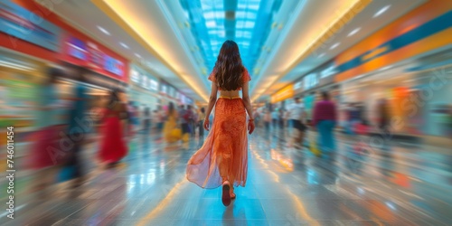 A young Indian woman exudes vibrant energy and confidence as she strikes a dynamic pose against the blurred backdrop of a modern, motion-blurred shopping mall filled with bustling shoppers.