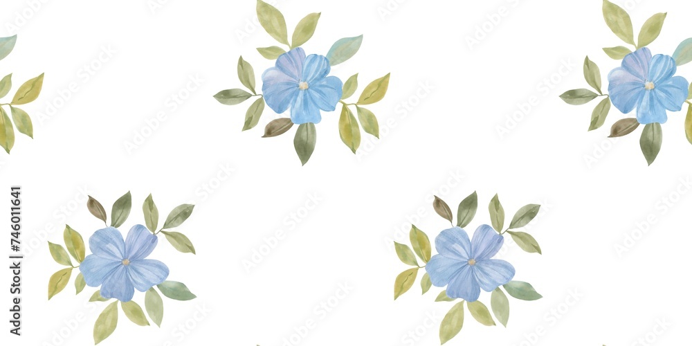 blue flowers with green leaves on a white background, seamless pattern