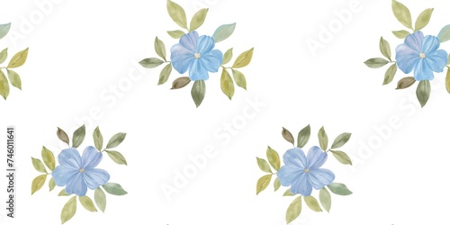 blue flowers with green leaves on a white background, seamless pattern © Sergei