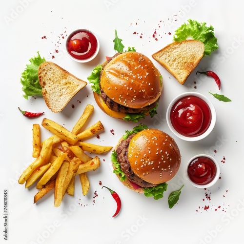 Two Hamburgers and Fries With Ketchup