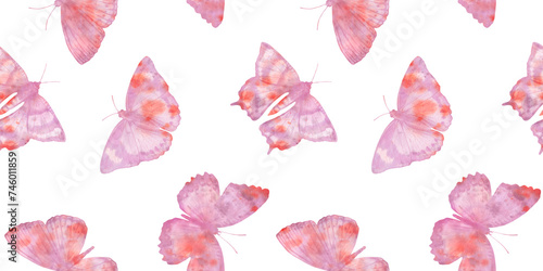 Pink watercolor butterflies on a white background, seamless botanical pattern for polygraphy design