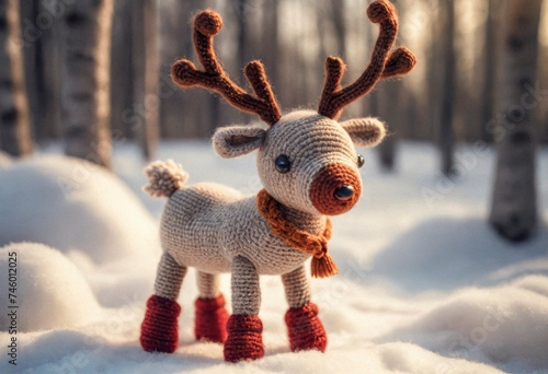 Little cute reindeer handmade toy on beautiful winter landscape background. Amigurumi toy making, knitting, hobby © Павел Абрамов
