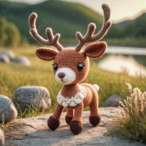 Little cute reindeer handmade toy on beautiful summer landscape background. Amigurumi toy making, knitting, hobby © Павел Абрамов