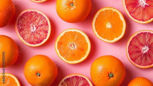 Above  red oranges on a pink backdrop