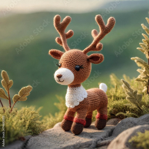 Little cute reindeer handmade toy on beautiful summer landscape background. Amigurumi toy making, knitting, hobby © Павел Абрамов