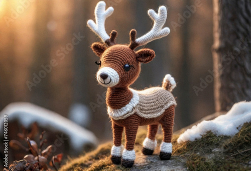Little cute reindeer handmade toy on beautiful winter landscape background. Amigurumi toy making, knitting, hobby