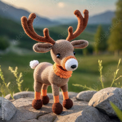 Little cute reindeer handmade toy on beautiful summer landscape background. Amigurumi toy making, knitting, hobby