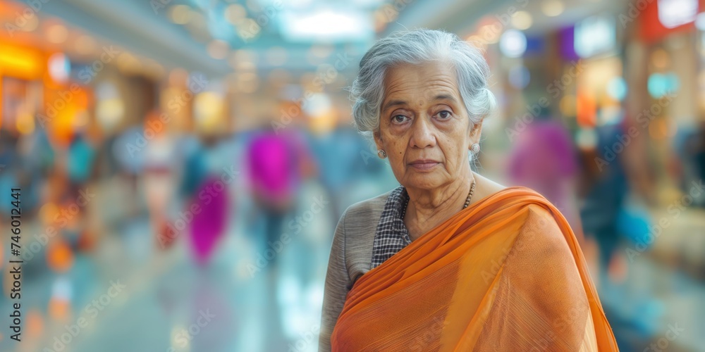 A senior Indian woman exudes timeless grace and confidence as she strikes a dynamic pose against the blurred backdrop of a modern, motion-blurred shopping mall filled with bustling shoppers.