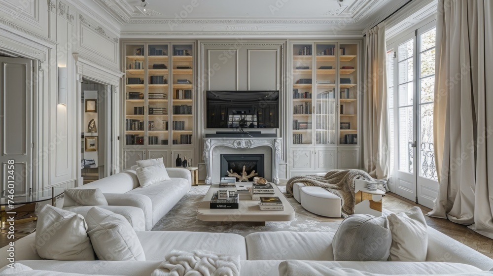 Elegant White Furniture Fills Spacious Living Room