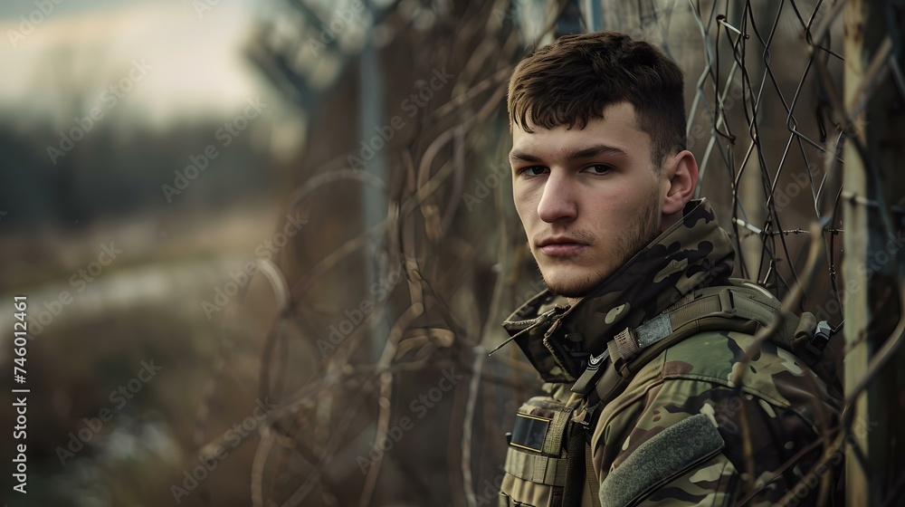 Serious young soldier in camouflage gear contemplating, outdoor military style portrait with a thoughtful expression. portrait of resilience and readiness. AI