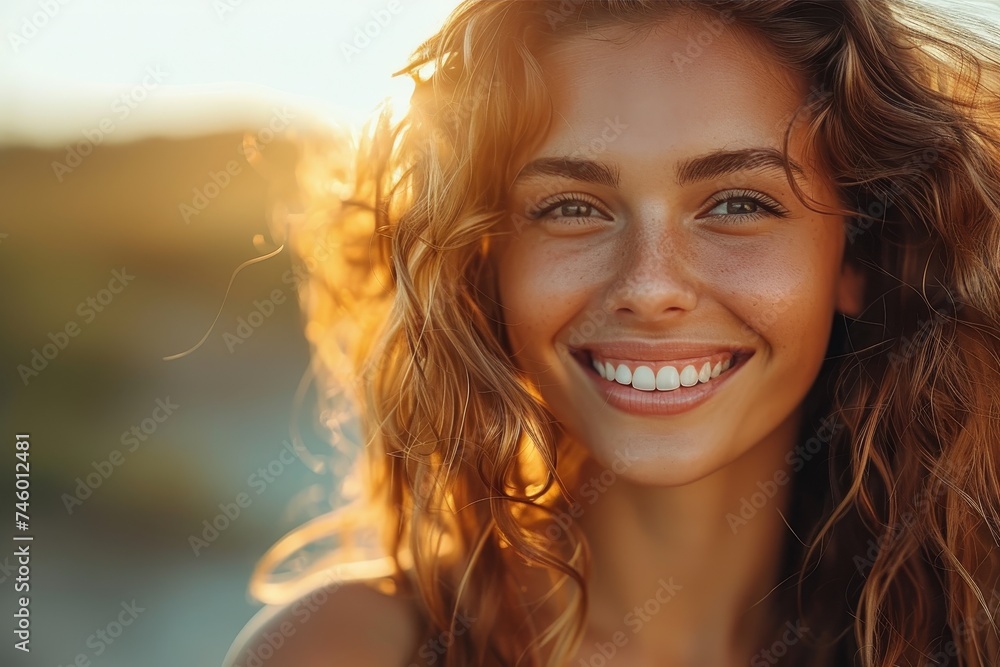 Portrait of a beautiful smiling woman with sunlit wavy hair and glowing skin standing in natural light Portrait of a beautiful smiling woman with sunlit wavy hair and glowing skin standing in natural light