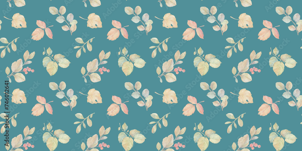 Fototapeta premium Seamless pattern of autumn leaves, endless watercolor pattern, hand drawn. Fabric design, kitchen textiles, packaging, wrapping paper.