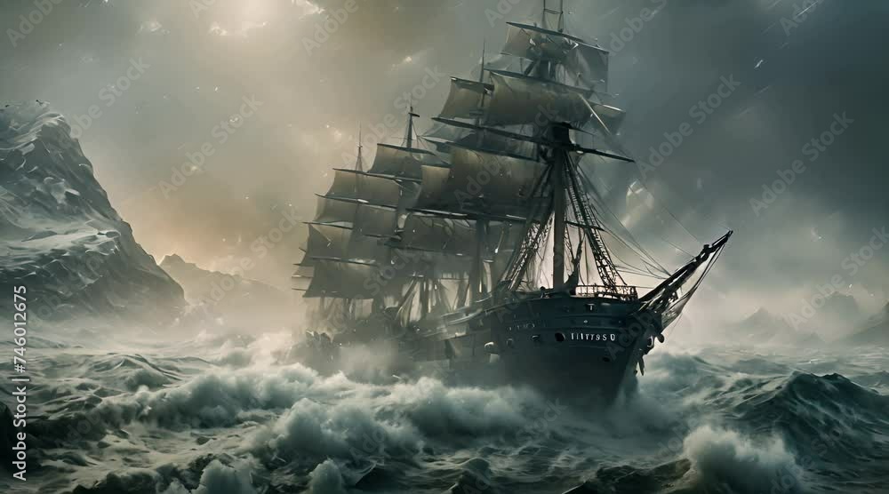 sail ship braving the waves of a wild stormy sea at night sail ship braving the waves of a wild stormy sea at night