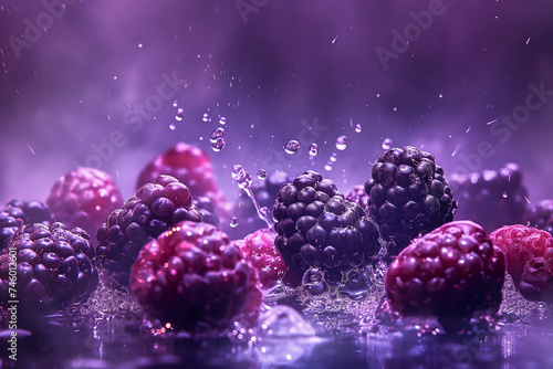 Close-Up of Juicy Blackberries with Vibrant Colors and Refreshing Water Splash