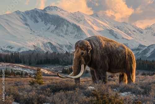 A Woolly Mammoth stands proudly beside her adorable calf in the midst of a beautiful landscape