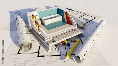 3D rendering of the technical details of a bathroom construction in an architecture project
