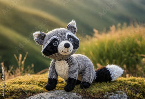 Little cute raccoon handmade toy on beautiful summer landscape background. Amigurumi toy making, knitting, hobby © Павел Абрамов