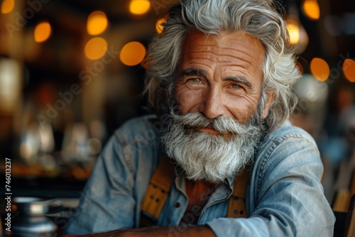 A charismatic elder gentleman with whimsical gray hair smiling warmly in a casual setting