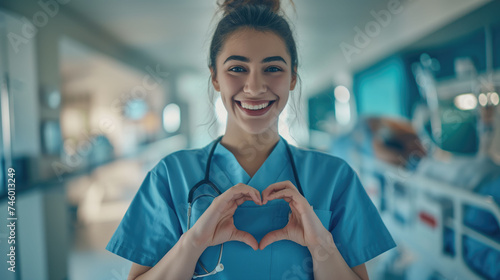 Closeup female nurse making a heart shape with her hands while smiling and standing in hospital and looking at a camera