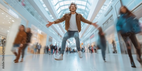 A young brunette Caucasian man exudes confidence and vitality as he strikes a dynamic pose against the blurred backdrop of a modern, motion-blurred shopping mall filled with bustling shoppers. photo