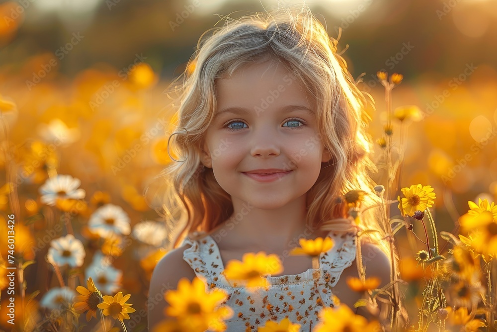 A young girl with fair hair and blue eyes surrounded by bright sunflowers in a field during golden hour A young girl with fair hair and blue eyes surrounded by bright sunflowers in a field during golden hour