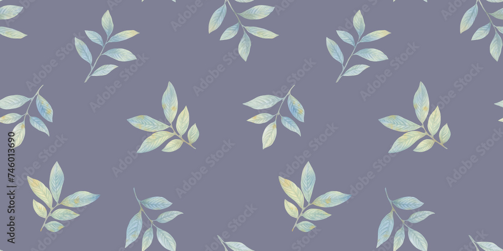 Obraz premium Watercolor leaf surface design. Illustration of drawn branches with leaves for design, summer plants seamless background