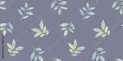 Watercolor leaf surface design. Illustration of drawn branches with leaves for design, summer plants seamless background