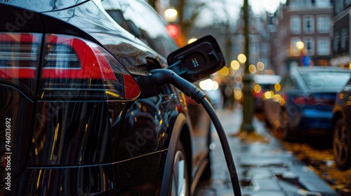 Charging Towards Sustainability, Close-Up of Electric Car Charging, Symbolizing Ecological Transportation