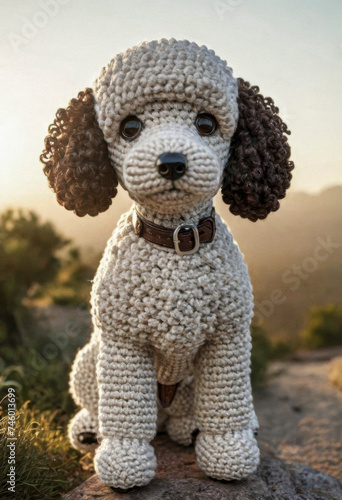 Little cute poodle dog handmade toy on beautiful summer landscape background. Amigurumi toy making, knitting, hobby