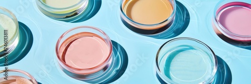 Exploring Beauty Science, Gel Cosmetic Samples Presented in Petri Dish Against Blue Background, Casting Striking Hard Shadows