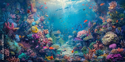 Diverse Fish Species in Busy Underwater Coral Reef